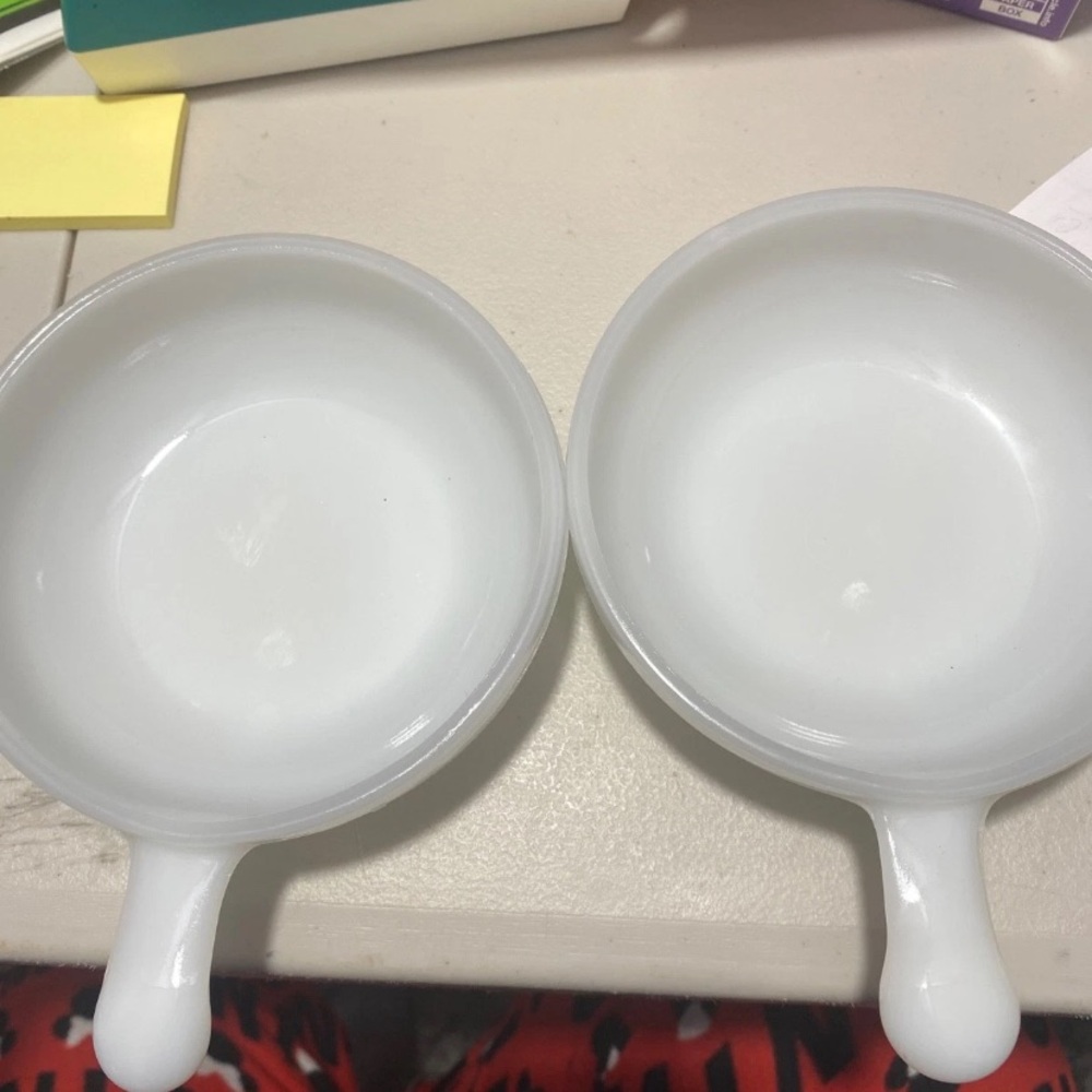 Set Of 2 Vintage White Milk Glass Glasbake Ovenware J-2663 W/ Handle Bowls